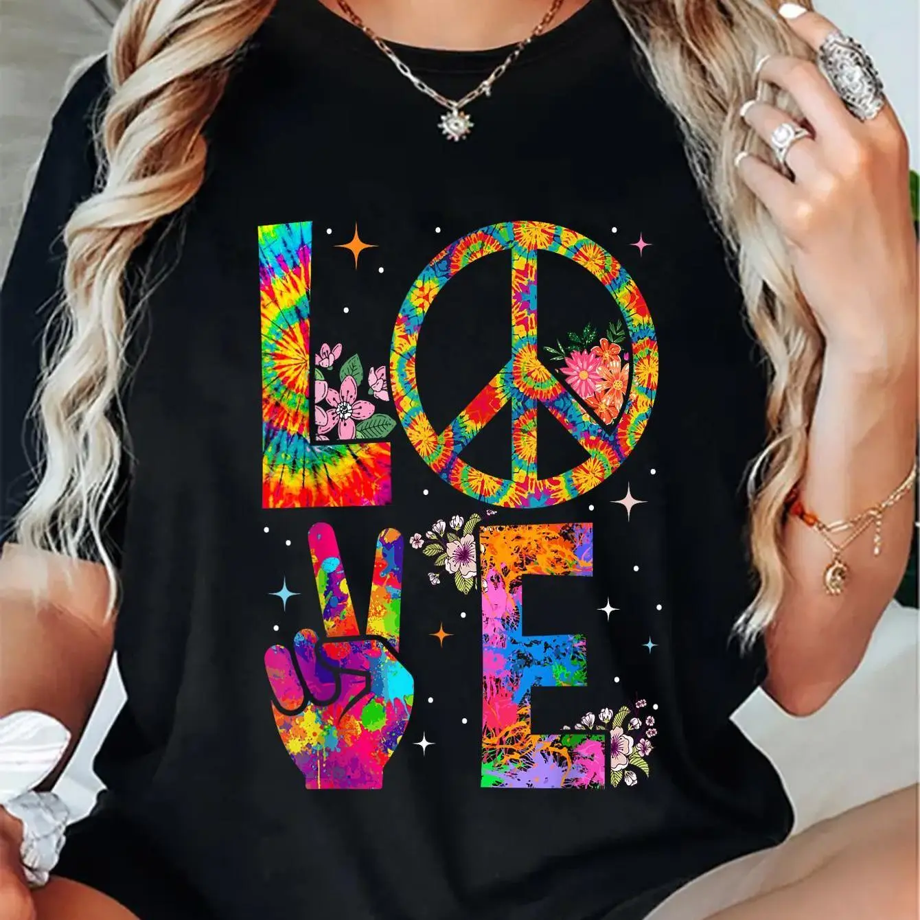 100% Cotton Fashion Tshirt Peace Sign Love 60s 70s Tie Dye Hippie Costume T-Shirt