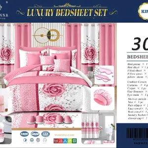 Luxury Bedsheet Set 30 Pieces Pink Rose Design King Size Bedspread Bed Sheet Fitted Sheet Pillowcases Cushion Covers Curtains Hair Bonnets Eye Mask Shower Cap