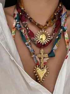 Elegant European Style Sun Cross Heart Pendant Scarf Necklace Set, Casual Fabric Jewelry for Women, Perfect for Daily Gatherings & Beach Trips