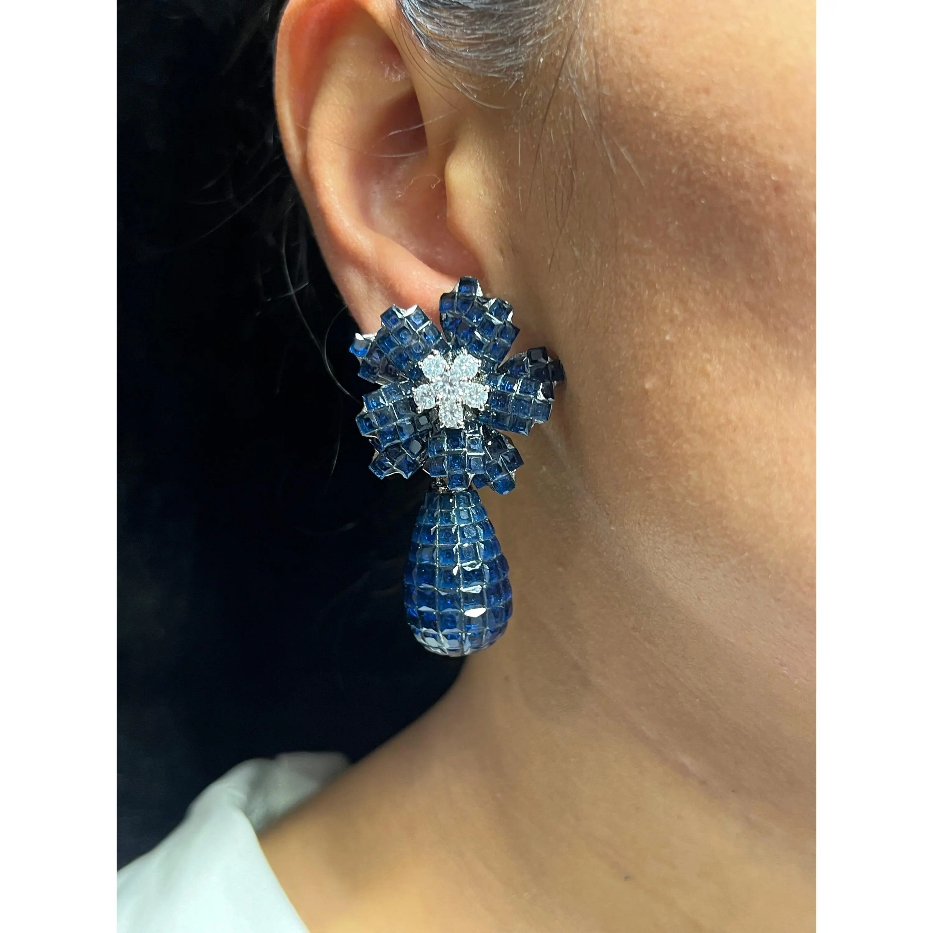 Sapphire Blue Invisible Setting Diamond Earrings