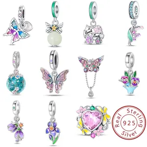 Spring Series Charms 925 Sterling Silver Butterfly Dragonfly Pink Daisy Pendant Beads Fit  Original Bracelets DIY  Jewelry