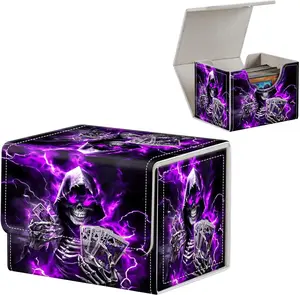 FUYOCWE Magnetic Snap Leather Storage Case, 100+ Double Sleeved Deck Box for MTG Commander, TCG/CCG/Sports Cards - Purple Ghost Skeleton Organizer