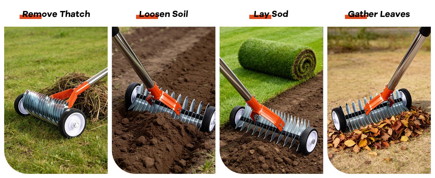 【seckill19%】Lawn rake, adjustable gardening rake head, 38inch to 65inch handle with wheels, 21 and 11 double-sided steel teeth, heavy-duty weeding rake suitable for both cold and warm season lawns, used for landscaping and lawn maintenance (green)