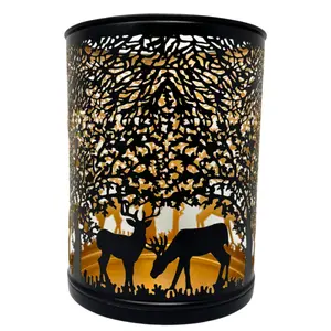 8.5" Metal Deer Lantern with Intricate Tree Design and Silhouette of Two Deer for Cozy Ambiance