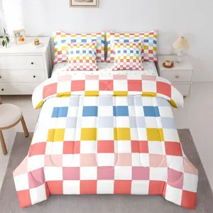 Multicolored Checkered Retro Comforter Set with Sheets 7 Piece Geometric Cute Bed in a Bag Kids Boys Girls Colorful Bedding Set Modern Groovy Aesthetic Bedroom Decor Breathable Soft