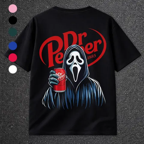 Scary Movie Ghost Cola Print Loose Short Sleeve Round Neck Casual Breathable Man's Home Wear Tops, Fitted Graphic Tee for Daily Use, Fall & Winter Fashion, Menswear