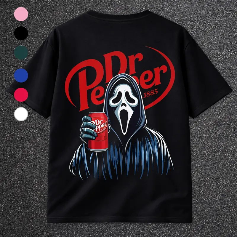Scary Movie Ghost Cola Print Loose Short Sleeve Round Neck Casual Breathable Man's Home Wear Tops, Fitted Graphic Tee for Daily Use, Fall & Winter Fashion, Menswear
