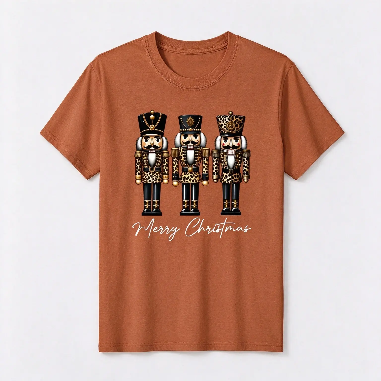 Women's Crew Neck T Shirt 1pc Vintage Blush Pink Leopard And Nutcracker Soldiers Print 2026 Fall Halloween Christmas Santa Themed Womenswear Top Casual Daily Wear Soft Breathable Comfortable Fashion Top For Women