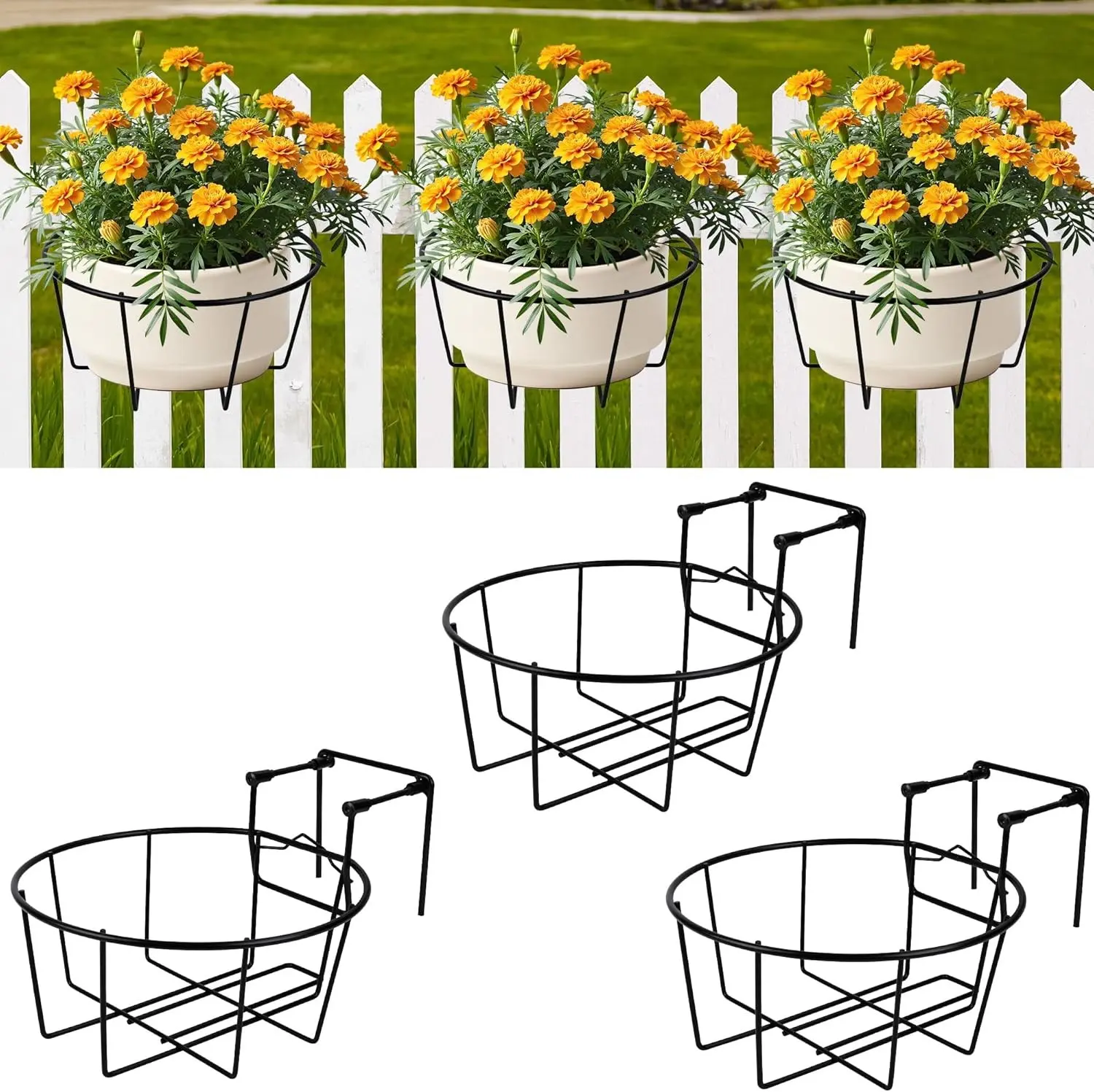 Adjustable Hanging Railing Planter, 3 Pack Fit 1.5 to 4.5 Inches Railing, Weather-Resistant Metal Balcony Rail Planters, Work for Outdoor Fence Deck Garden Patio Halloween Christmas Decor