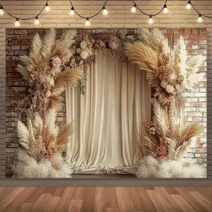 Bohemian Style Wedding Backdrop, 1 Count Country Brick & Stone & Flower Design Backdrop, Photo Background, Wall Decoration, Curtains & Tablecloth, Banners, Wall Hanging Backdrop, Wedding Arched Backdrop