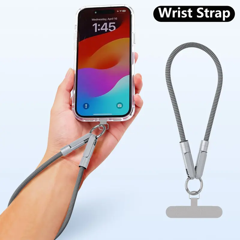 2-in-1 Phone Chain with Fast Charging Cable | 11.8-inch Braided Wrist Strap | High-Speed Type -C / Lightning / USB-A  | Gray | Fits iPhone & galaxy Android Device , USB-C Nylon data Cable cords , Hands-free carrying