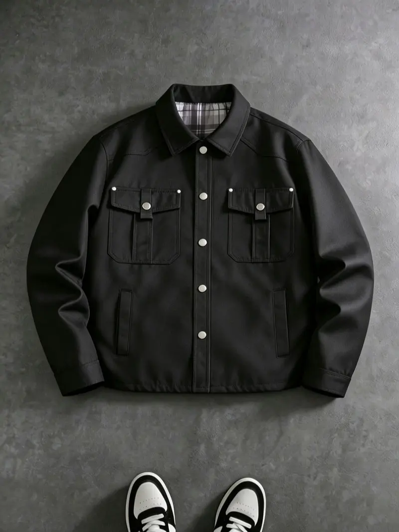 Menswear Men's Boxy-Fit Collared Work Jacket - Utility Outer Coat for Tops with Snap Button Front, Flap Pockets, Comfortable Plaid Lining, Durable Fabric - Stylish, Plain Design for Casual Work, Urban Hangouts