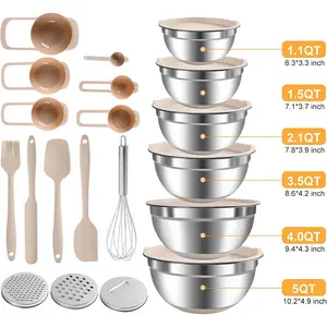 6 Piece Mixing Bowls with Lids Set,with 3 Grater Attachments & Non-Slip Bottoms,  Stainless Steel Nesting Storage Bowls for Kitchen, Size 5.5,3.5,2.5,2.1,1.5,1.1 QT, SummerEssentials