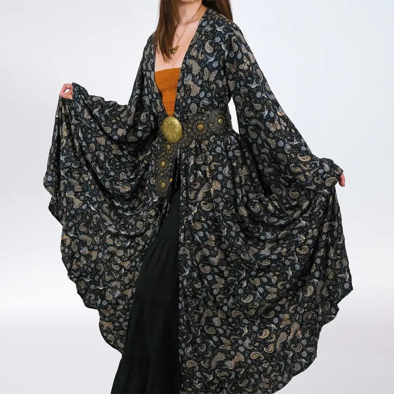 Women's Paisley, Butterfly & Peacock Print Plus Size Loose Flowy Duster - Ruffle Sleeve Long Kimono Layering Outerwear, One Size, Adjustable, 30% Plant Viscose Fabric