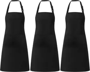 3 Pack Black Kitchen Aprons with Pockets - Adjustable, Water Resistant, Lightweight Unisex Bib Aprons for Chefs