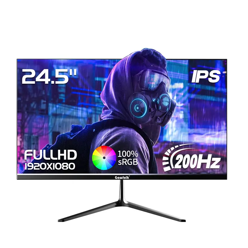 Gawfolk Gaming Monitor 24.5-inch 200Hz Refresh Rate Full HD 1080p PC Display Borderless Flat-Panel Design Built-in Speakers FreeSync Technology Support HDMI & DisplayPort Compatibility VESA 75x75 Wall-Mount Standard