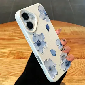 Flower 1 piece white leather texture blue floral design phone case, customizable, compatible with iPhone 17/16/15/14/13/12/11/X/XS/XSMAX, full-coverage shockproof protective case, suitable as a gift for family and friends