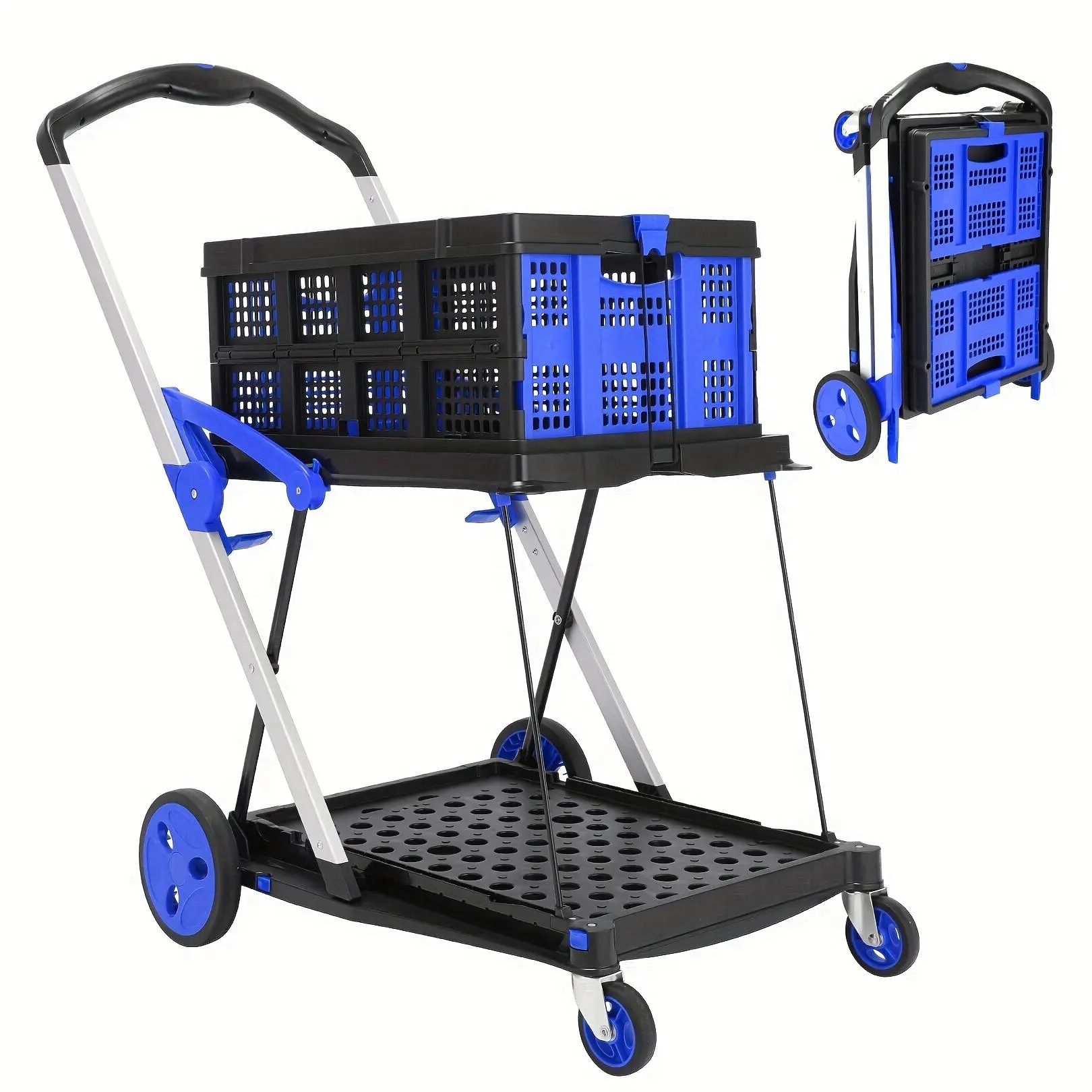 Collapsible shopping Cart with 1 Crate (Blue)