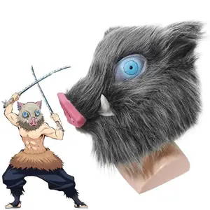 Anime Hashibira Inosuke Mask Helmet Kimetsu No Yaiba Cosplay Hood Hair Pig Mask Headwear Halloween Carnival Costume Prop