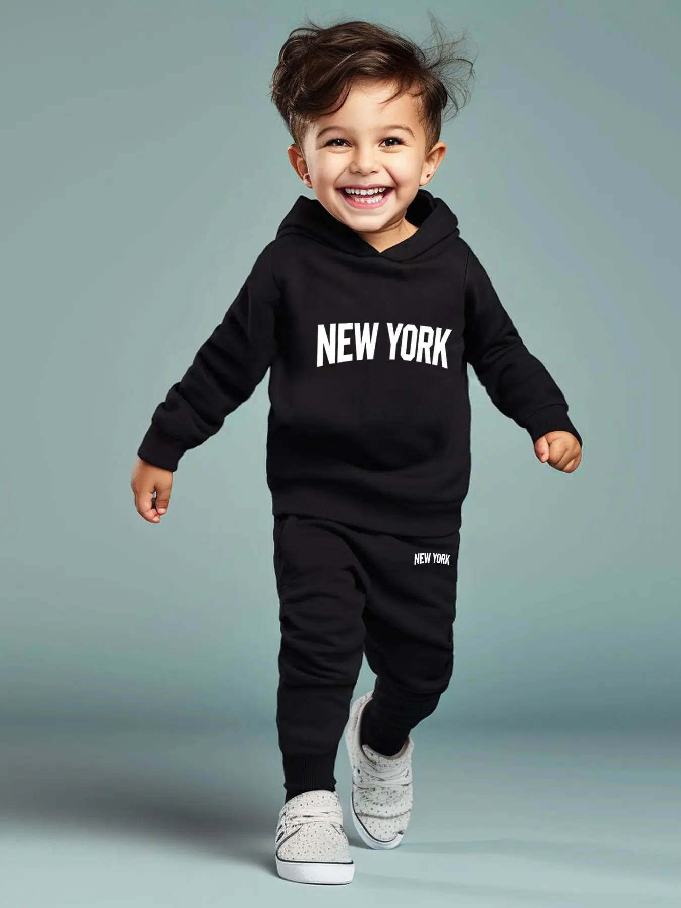 Boys' Casual Fashion Hooded Long Sleeve Set, Cartoon Letter Print, Fitted Pants, All Seasons, Thin Kint Fabric, Two-Piece, Random Print Set, Graphic Print Set