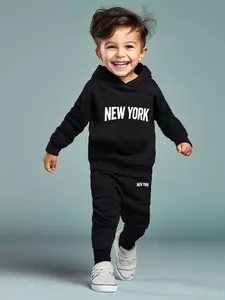 Boys' Casual Fashion Hooded Long Sleeve Set, Cartoon Letter Print, Fitted Pants, All Seasons, Thin Kint Fabric, Two-Piece