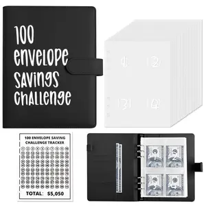 Money Saver Budget Binder Book with Pouches, 100 Envelope Challenge Binder with Numbers, A5 Money Budget Envelopes for Cash Saving $5,050 Black