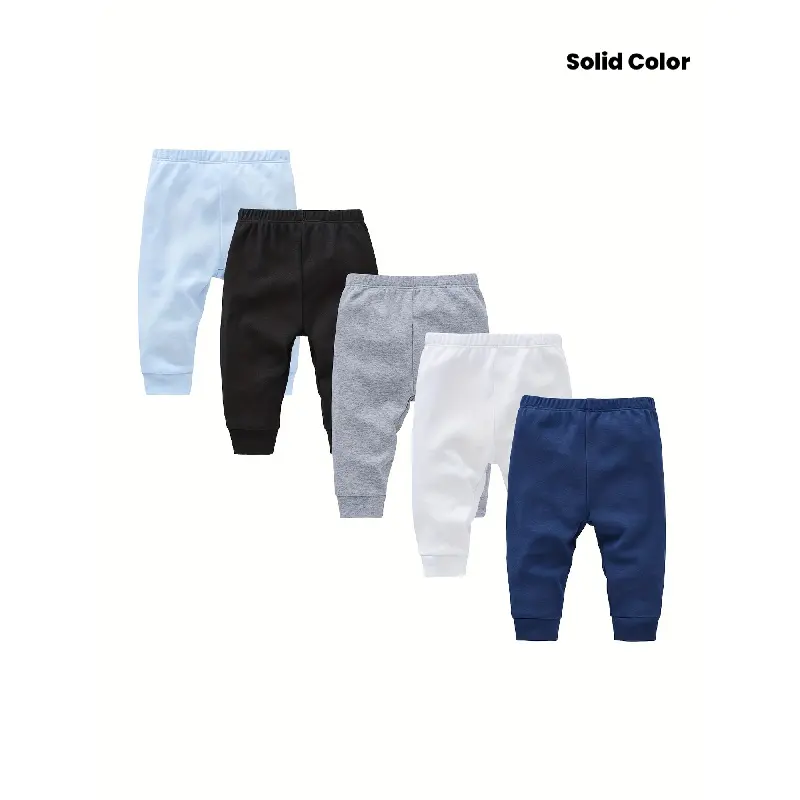 Infant Boys' 5-Piece Solid Color Pants Clothing Set, Spring-Summer Casual Bottoms for Outdoor Activities, Casual Fit, Elastane, Outdoor Wear