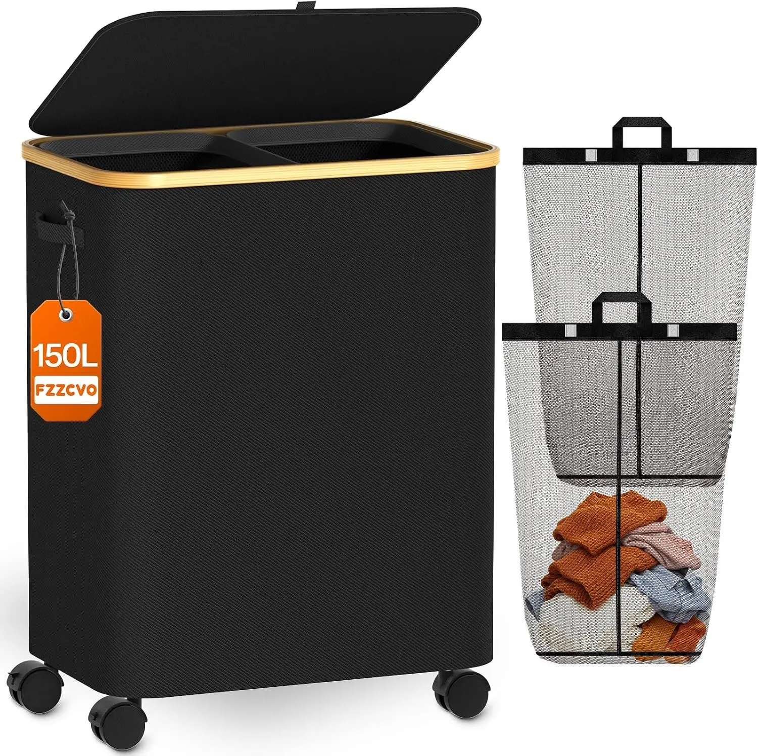 Double Laundry Hamper with Lid and Wheels, 150L Large Laundry Basket with 2 Sections & Removable Liner Bags, Rolling Dirty Clothes Basket with Handles for Bedroom, Bathroom, Dorm, College