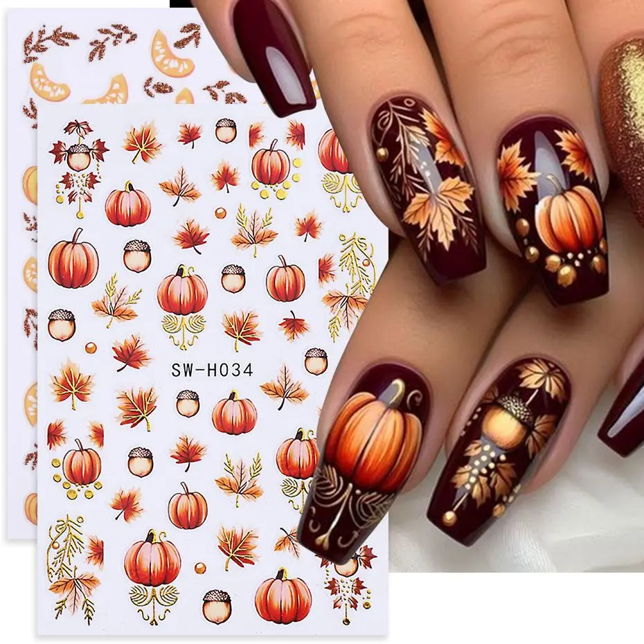 2pcs Autumn Pumpkin Nail Stickers 3D Maple Leaf Pine Fruit Self-Adhesive Nail Decals Slider DIY Thanksgiving Manicure Decoration
