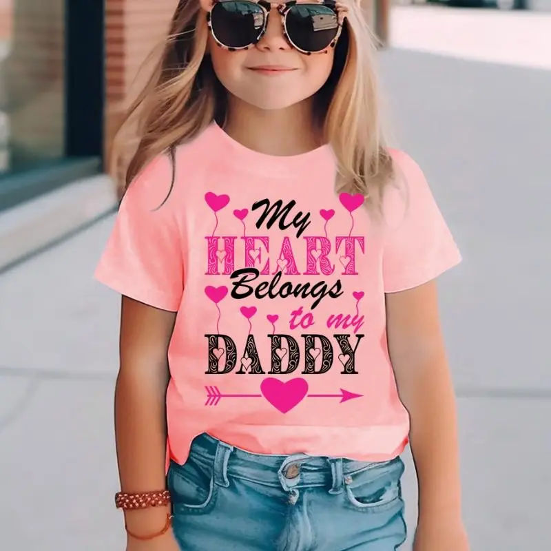 Girls' Breathable Cotton Fabric Tee - Summer Short Sleeve Graphic Aesthetic Top, Heart Element, "My Heart Belongs to My Daddy" Letter Print, Casual Versatile Kids Clothing Girls Top, Breathable Cotton Tee, Graphic Aesthetic Tee