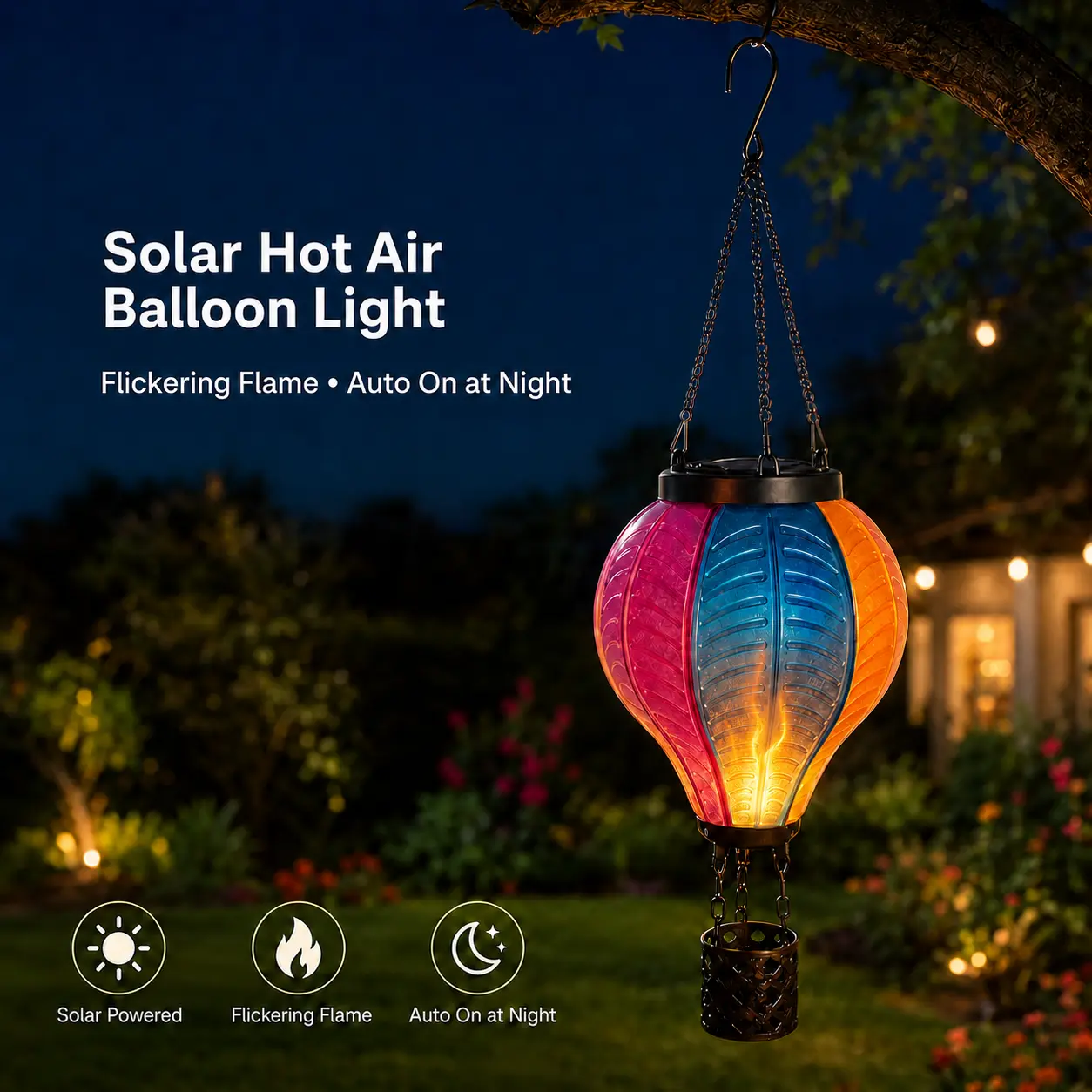 PINKART Solar Hot Air Balloon Lantern with Flickering Flame Effect, Outdoor Hanging Garden Decor Light, Auto-On Night Lighting for Patio, Porch, Gift for Women Mom