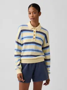 Women CashSoft Relaxed Sweater Polo Shirt - Yellow Stripe