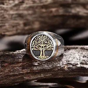 GTHIC Tree of Life Ring - Stainless Steel Viking Signet Jewelry for Weddings & Birthdays (Size 7-13)