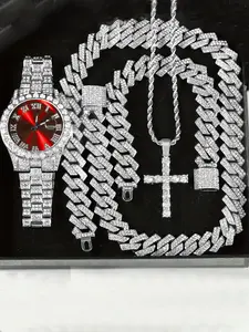 4-piece men's steel strap hip-hop Roman scale diamond inlaid calendar men's quartz watch set