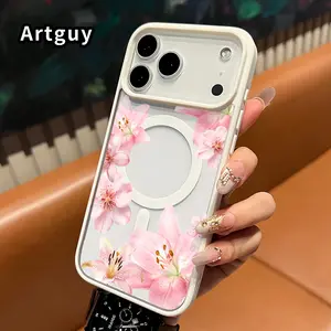 Magnetic Phone Case Compatible with iPhone 17 Pro Max 16 Plus 15 14 13 12 11 Air E Pink Floral Charm Pattern Acrylic Shock-resistant Ultra Slim Phone Cover for boy girl
