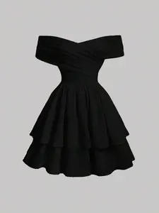 Women's Solid Color Off Shoulder Layered Ruffle Dress,Sun Dress,Summer Dresses For Women