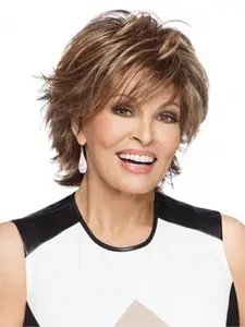 Women's Fashion Natural Puffy Curly Short Wig, Mixed, 10 Inch Synthetic Fiber, with Bangs, for Daily Wear, Birthday, Holiday, Halloween, Party