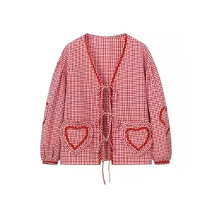 Women's long sleeved checkered shirt, V-neck, tie, heart-shaped pocket, lantern sleeves, suitable for indoor and outdoor wear.RAIMENTRY