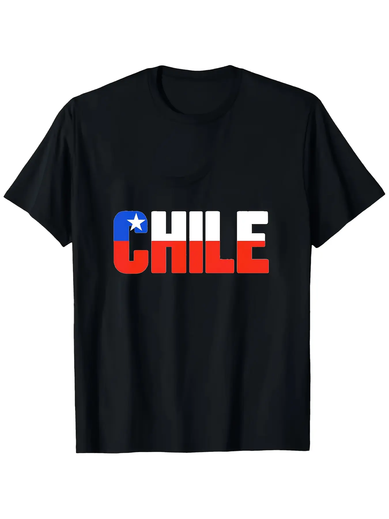Men's Black Polyester Graphic T-Shirt - Chilean Flag Print, Round Neck, Short-Sleeve, Regular Fit, Slight Stretch Knit Fabric, Machine Washable, Adult All-Seasons Casual Top, Celebration Gift