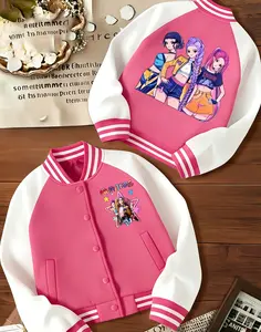 KPOP-Huntress Girl Group  Girls Short Baseball Jacket with Cartoon Design, Fitted Activewear for Kids, Elastic Fabric for Fall & Winter, Trendy School Uniform for Halloween