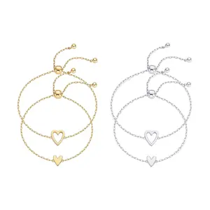 2PCS Adjustable Stainless Steel Heart Cutout Bracelet Set for Women Gold Silver Stackable Heart Charm Friendship Bracelet Perfect Gift for Best Friends Girlfriends
