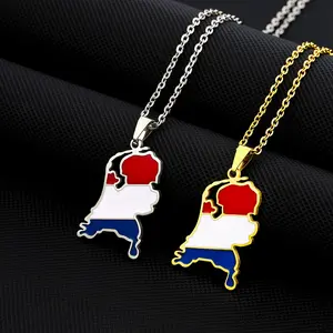 Stainless steel retro Netherlands map flag pendant necklace men's and women's couple ethnic style sweater chain jewelry