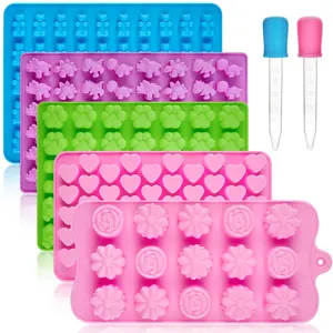 Silicone Candy Molds with 2 Droppers, 210 Cavities Non-Stick Gummy Molds Reusable Chocolate Molds Including Bear, Dinosaur, Heart, Flower, Paw, Set of 5