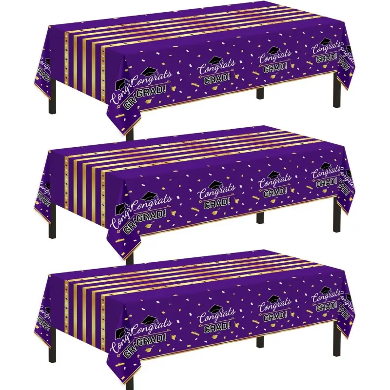 3 Pack Graduation Tablecloth,Graduation Decorations Class of 2026 Graduation Party Decorations,54"x108" Purple and Gold Plastic Table Cloth Disposable Rectangle for Home,School,Party Supplies