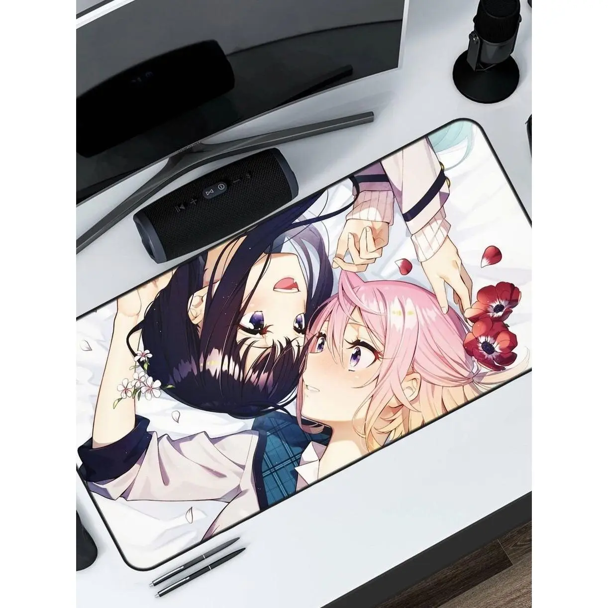 Yuri Inspired Aesthetic Desk Mat, Cute Girls Illustration Mouse Pad, Soft Pastel Anime Style Desk Accessory Sora