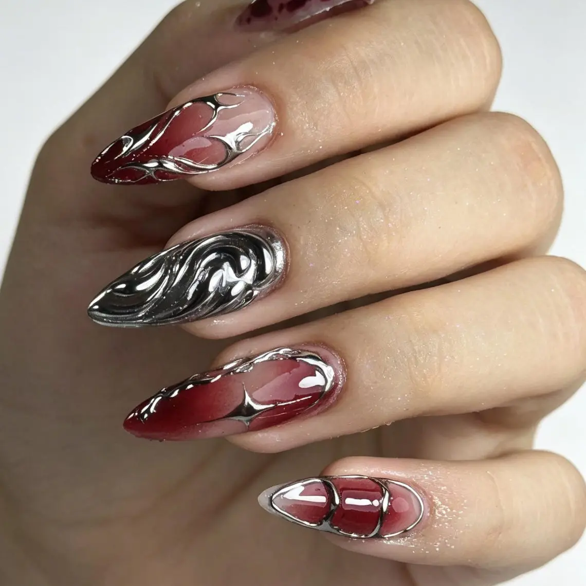 Burgundy Gradient Chrome Flame Press on Nails, Metallic Silver Liner Nude False Nails, Edgy Cool Handmade Reusable Glue On Nails