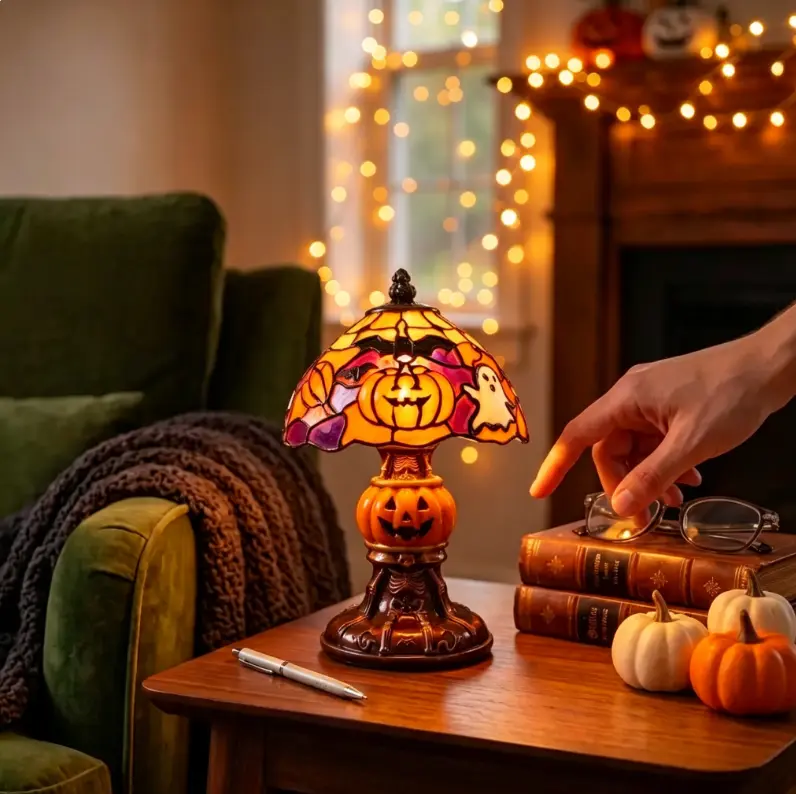 Retro Pumpkin Bat Pattern Single Desk Lamp - Vintage Glow Night Light, Nightstand-Compatible, Cozy Halloween Decor Gift, Whimsical Home Decor, Bedroom Lamp for Home Stylists
