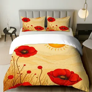 3PCS Duvet Cover Set, 1 Duvet+2 Pillowcases(Without filler), Poppy Floral Nature Sunrise Country Vintage theme, Christmas bedding set, Red Poppy Duvet Suitable for decoration Bedroom, Guest Room, Hotel, Cottage.