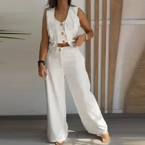 ChicMe Women's 2 Pieces Outfits Metal Button Decor V Neck Sleeveless Tank Top and Casual Plain Loose Fit Pants Set