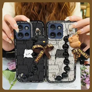 soft case Anti-knock Phone Case For MOTO G 5G 2025 Skin-friendly feel Black pearl pendant Cartoon Bear bracelet cute silicone Dirt-resistant Waterproof Simplicity